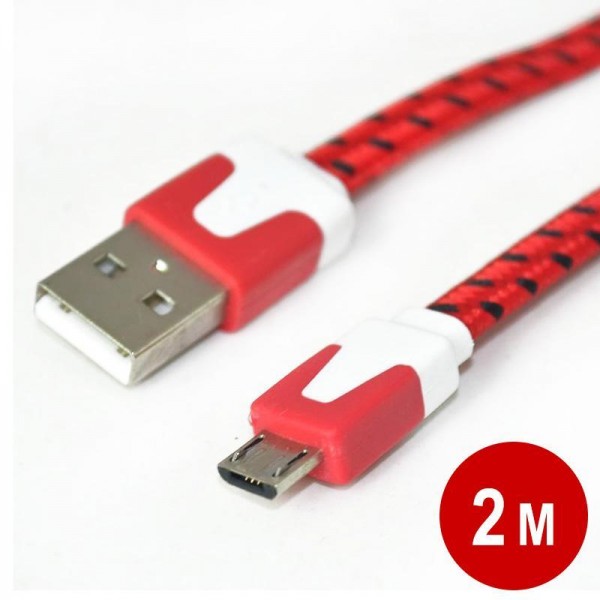 2M 3FT mirco USB Braided Fabric Data Sync Charger Noodle Flat Cable for Samsung(red)