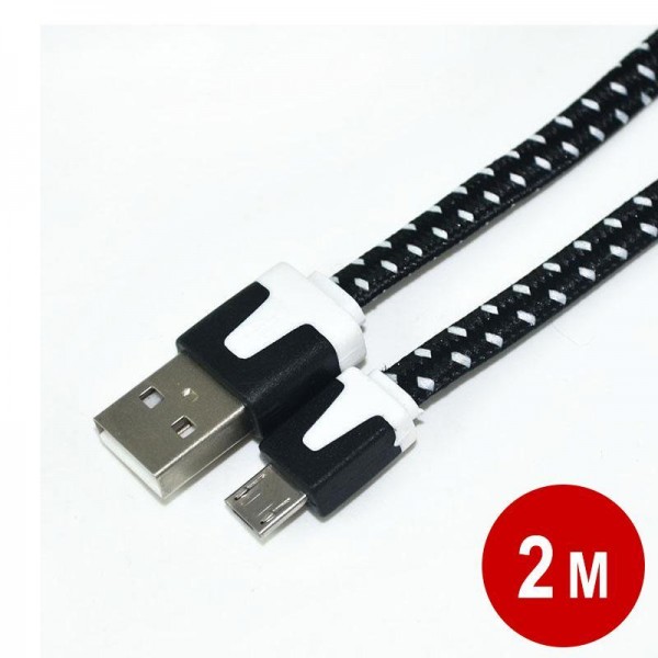2M 3FT mirco USB Braided Fabric Data Sync Charger Noodle Flat Cable for Samsung(black)