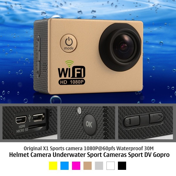 Original X1 Sports camera 1080P@60pfs Waterproof 30M Helmet Camera Underwater Sport Cameras Sport DV Gopro Brown