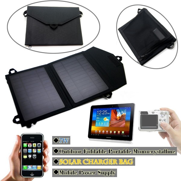 7W Outdoor Foldable Portable Monocrystalline Solar Charger Bag Mobile Power Supply,black