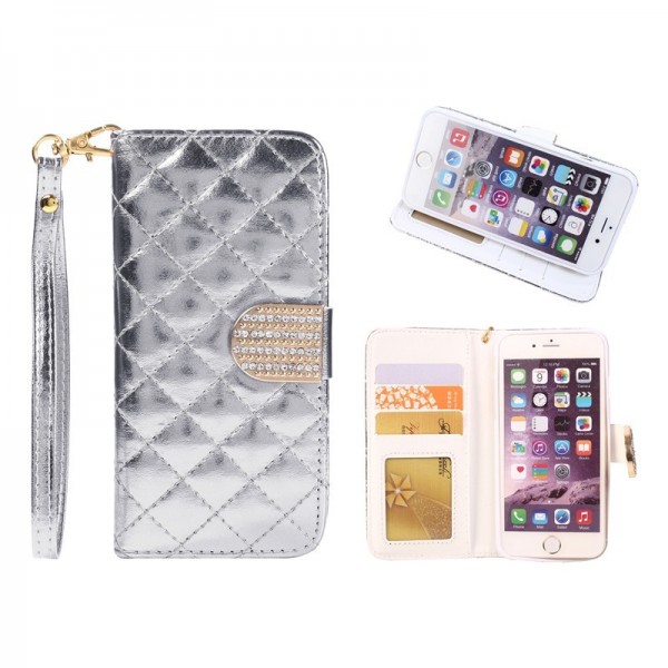 2015 New Luxury Crystal Glitter button Diamond line leather Flip case with card Wallet For iPhone6 4.7-silver7