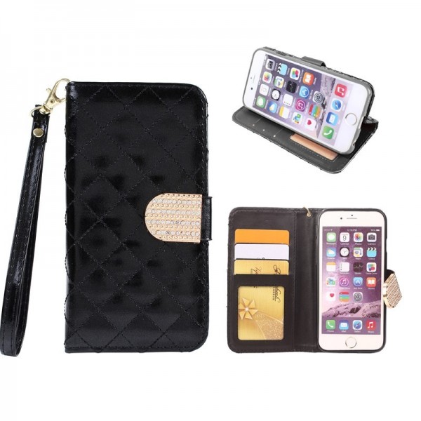 2015 New Luxury Crystal Glitter button Diamond line leather Flip case with card Wallet For iPhone6 4.7-black