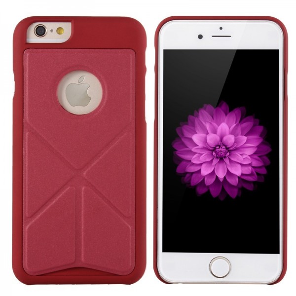 Silk Leather Skin Folding Stand Hard Case Transformer PC Back Cover for iPhone 6 4.7“-red