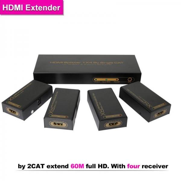 HDMI splitter 1x4 by 2CAT extend 60M full HD. With four receiver (Support 3D)