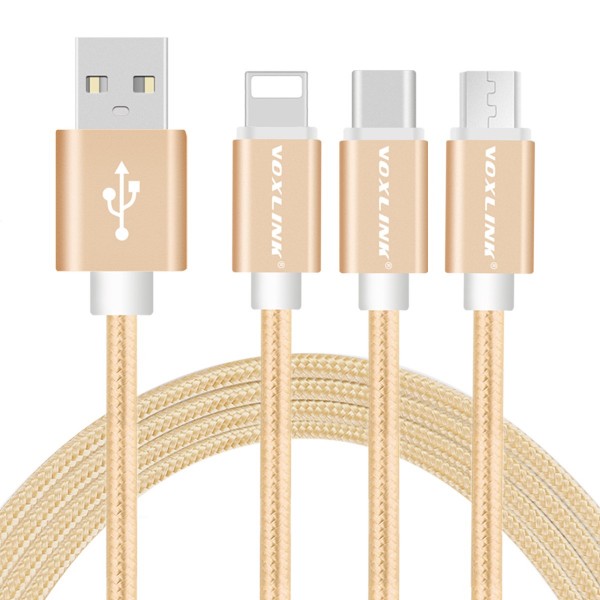 Voxlink 3 in 1 Multi Connector Cable Micro USB Type-C iOS Universal Interface Android iOS Compatible Durable Nylon Braided Charge Data Transfer Wire