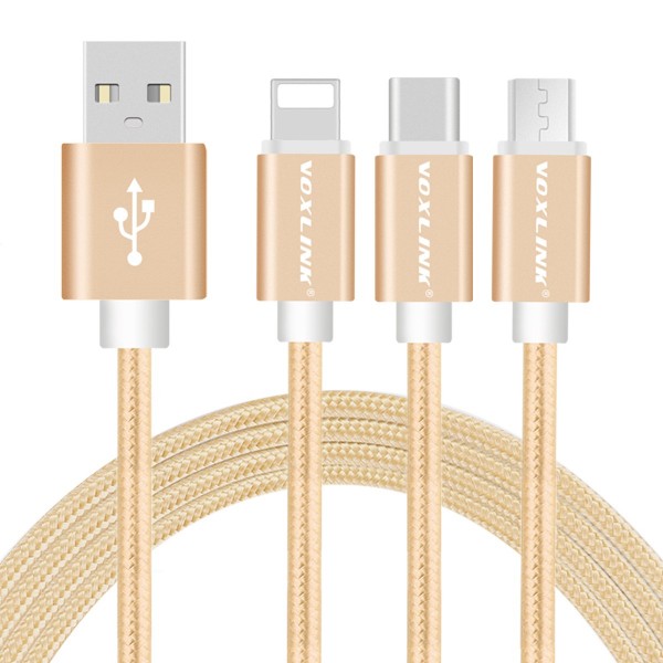 Voxlink 3 in 1 Multi Connector Cable Micro USB Type-C iOS Universal Interface Android iOS Compatible Durable Nylon Braided Charge Data Transfer Wire