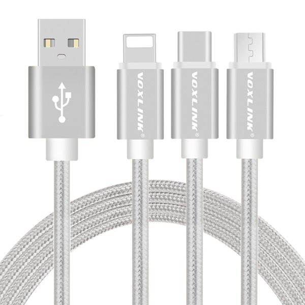 Voxlink 3 in 1 Multi Connector Cable Micro USB Type-C iOS Universal Interface Android iOS Compatible Durable Nylon Braided Charge Data Transfer Wire