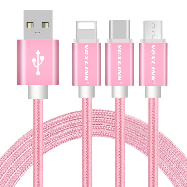 Voxlink 3 in 1 Multi Connector Cable Micro USB Type-C iOS Universal Interface Android iOS Compatible Durable Nylon Braided Charge Data Transfer Wire