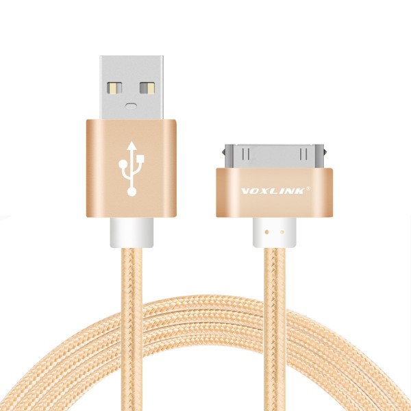 VOXLINK 30 pin Metal plug Nylon Braided Sync Data USB Cable for iphone 4 4s iPad 2 3 with Retail Box Golden 2M
